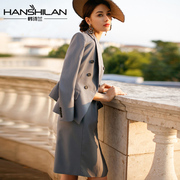 韩诗兰外套长袖女职业装小香风，优雅正装灰无袖连衣裙西装套装