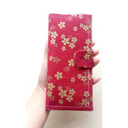 原创日式女式长款手工布艺钱包和风樱花，复古红烫金钱夹