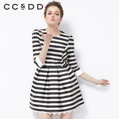 预售CCDD2015春装专柜正品新款女装七分泡泡袖公主裙条纹连衣裙