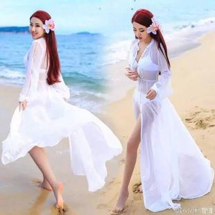 法式夏装波西米亚白色超仙女神，沙滩度假开衫长裙拖地雪纺连衣裙
