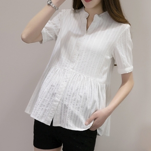 孕妇衬衣夏装短袖V领工装短款上衣时尚白色韩版纯棉职业衬衫