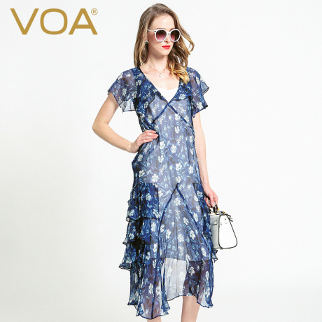 VOA 蓝白碎花真丝雪纺海军V形领盖肩飞飞袖透视单层连衣蛋糕裙商品大图
