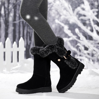 标题优化:清仓正品意尔康2014冬季新款女靴子平底真皮中筒靴雪地靴加绒短靴