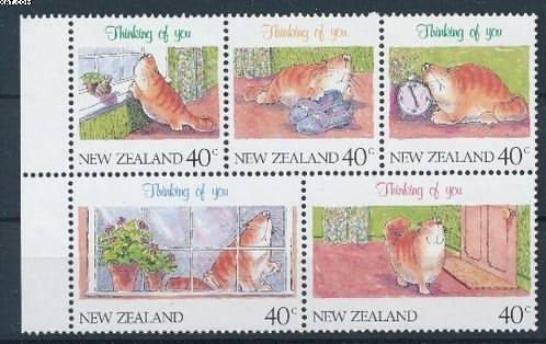 2850-16新西兰1991问候，思念你，家猫与钟表、鞋、花盆、窗台5
