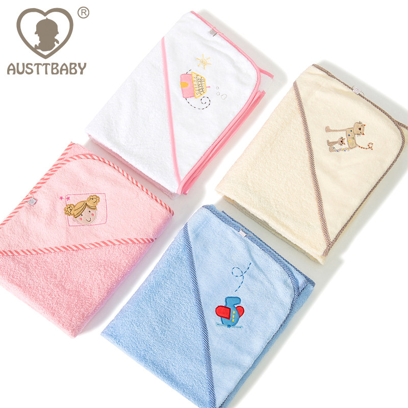 AUSTTBABY澳斯贝贝 婴儿纯棉浴巾 超柔吸水抱被浴巾宝宝带帽浴巾