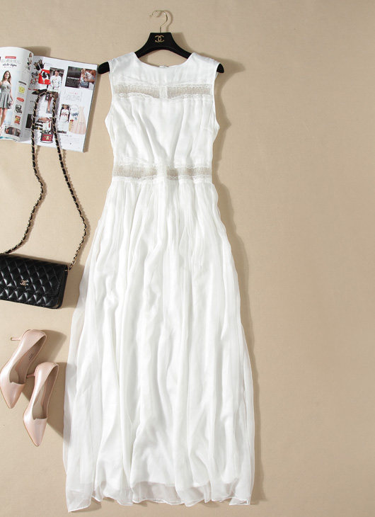 推荐欧美时尚款藕断丝连透视拼接珠链网纱花边拼接真丝混纺连衣裙