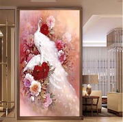 精准印花dmc十字绣客厅玄关，大幅油画唯美白孔雀牡丹与恩爱孔雀