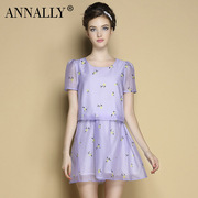 ANNALLY气质夏装浅紫色印花上衣短裙两件套休闲时尚套装女夏