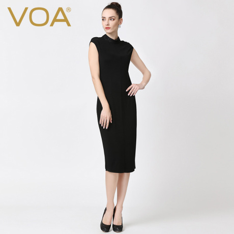 VOA 黑色弹力针织真丝熟女连衣裙 蕾丝两翻领修身包肩妩媚裙A5348商品大图