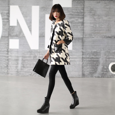 欧洲站大牌风衣春秋女装外套千鸟格黑白女式风