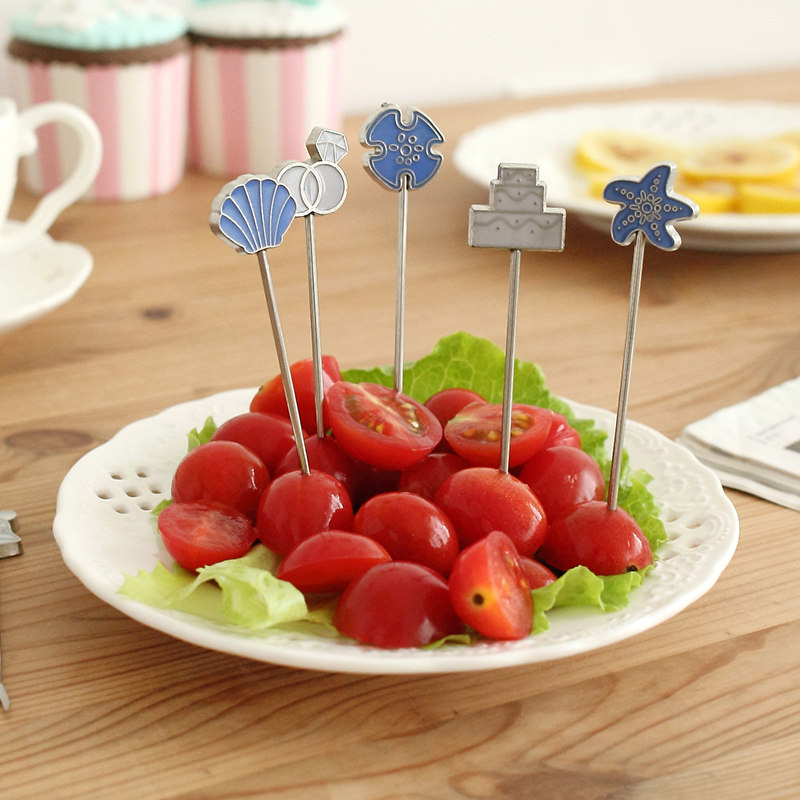 厨房创意小工具 不锈钢水果叉套装 可爱手柄水果签 四枚入 62514