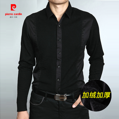 秋冬季皮尔卡丹男装长袖衬衫加绒加厚中年男士