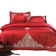 结婚婚礼用品欧式婚庆四件套全棉，贡缎新床上(新床上)大红刺绣1.8m房六件套