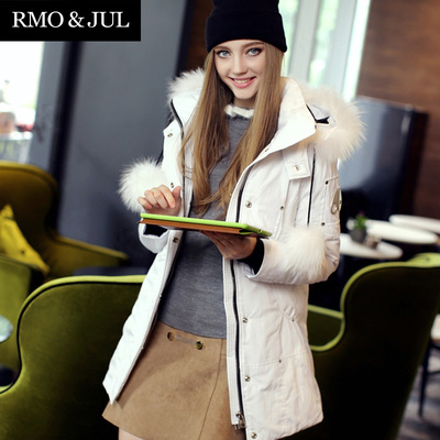 外贸精品2014冬季女装新款可拆毛领带帽白色加厚中长款羽绒服外套