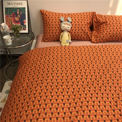 暖色系ins简约北欧橘红色，床上四件套全棉纯棉，被套1.5m1.8三