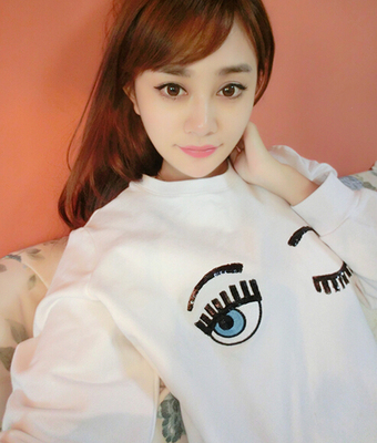 2016春装睁眼闭眼睛明星同款杨幂欧美纯棉长
