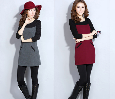 标题优化:2014新款韩版黑色加绒打底衫女加大码加绒t恤女冬 中长款保暖修身