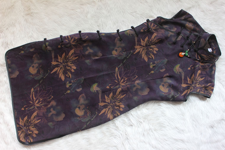 绢纺香云纱江南园梦之雪莲花开旗袍裙