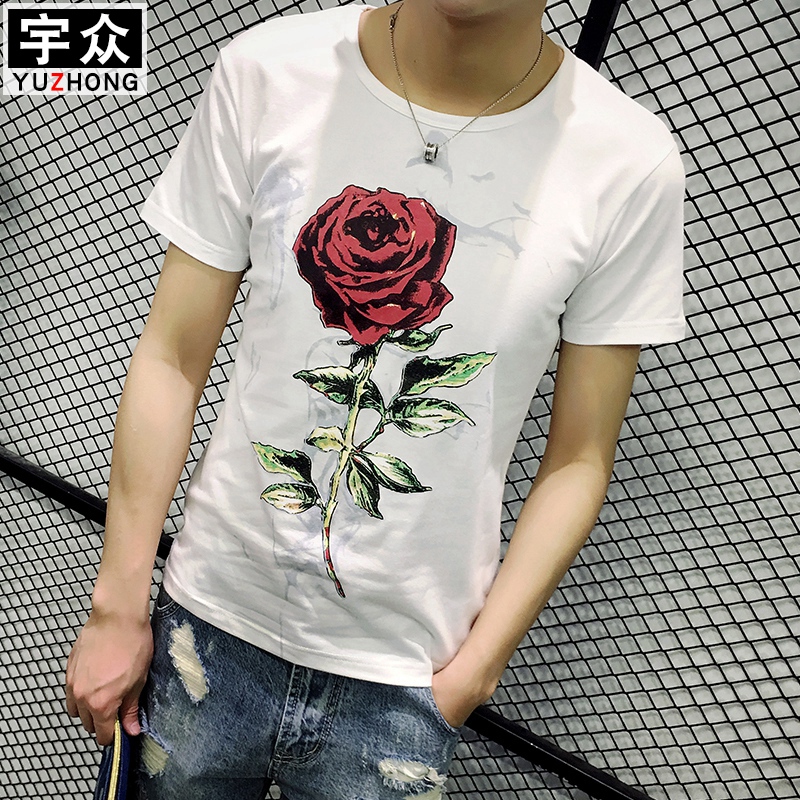 夏季男士玫瑰印花T恤韩版修身薄款男青年上衣服圆领半袖男打底衫在类目 男装, T恤中 - 来自Buy2taobao.com提供专业的淘宝代购服务