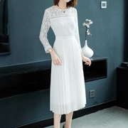 2020春季白色雪纺蕾丝，拼接连衣裙女中长款气质超仙百褶裙长裙