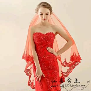 新娘婚纱礼服韩式红色3米盖头，头纱超长蕾丝花边结婚拖尾大促