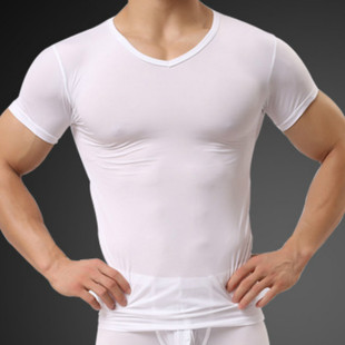 男士纯色超薄冰丝t恤短袖，打底内衣半透明小v领半袖，t恤紧身t衫