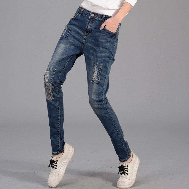 飘雪妮欧美春装新款磨破宽松长裤牛仔裤女士显瘦小脚裤哈伦裤宽松