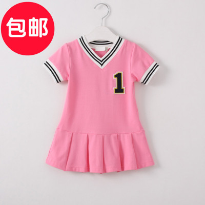 2016夏装新款 女童V领数字运动连衣裙 T恤裙衫