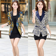 春季韩版修身小西装女式欧美风花色外套中长款高档西服长袖女