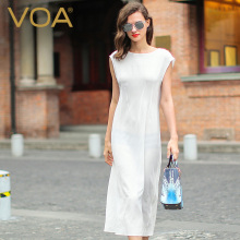 VOA 纯白圆领盖肩袖自然腰背部层叠暗扣真丝双绉连衣裙Silk Dress图片