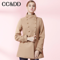 CCDD2014冬装专柜正品新款女装 英伦立领双排扣长外套 羊毛呢大衣