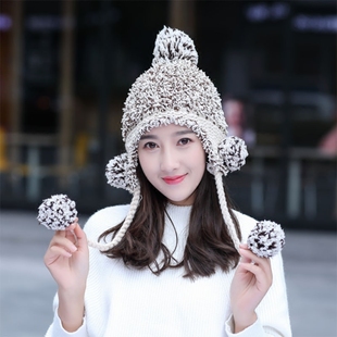 秋冬季女生韩版保暖护耳大球球帽子毛线套头帽包头可爱针织帽女潮
