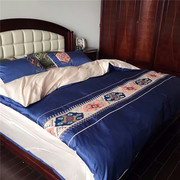经典原创设计苏绣蓝色印花布料，60s贡缎刺绣，长绒棉四件套纯棉床品