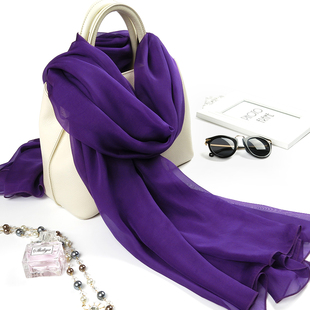 紫色丝巾纯色春秋薄款真丝雪纺，夏季围巾桑，蚕丝披肩女防晒百搭纱巾