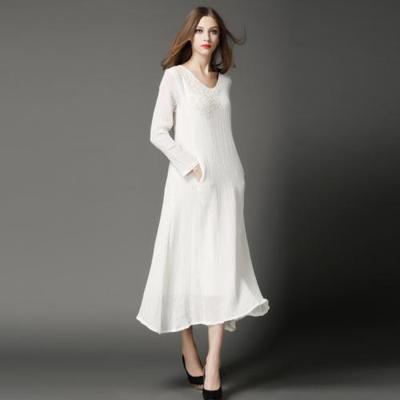 欧美大牌2016春季新款文艺范女装长袖棉麻连