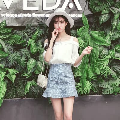 2016夏季新款韩版一字领雪纺上衣碎花高腰鱼尾半身裙两件套装女潮