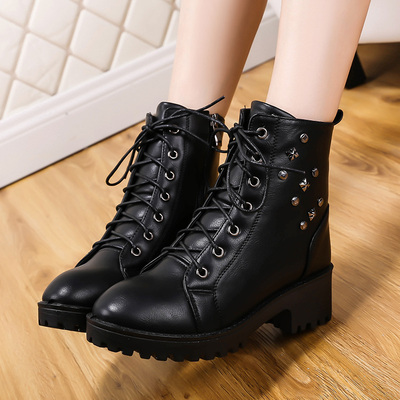 秋冬季女鞋马丁靴女粗跟短靴女靴中跟靴子学生加绒保暖棉鞋鞋子潮