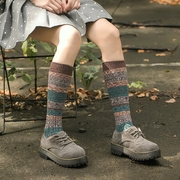 韩国堆堆袜子加长款中筒高筒潮，复古日系秋冬款粗毛线个性条纹女袜