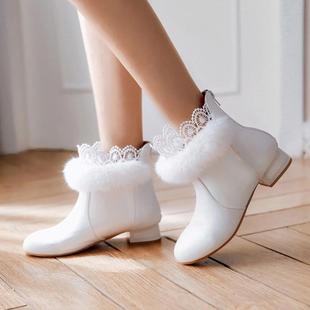 秋冬靴子女短靴甜美低跟可爱蕾丝花边兔毛洛丽塔lolita学生女靴子