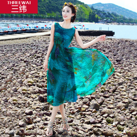 三纬2017夏装新款欧美时尚优雅真丝长裙修身显瘦桑蚕丝度假连衣裙商品大图