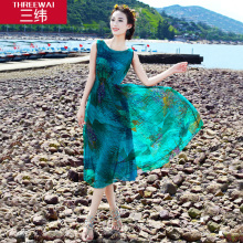 三纬2017夏装新款欧美时尚优雅真丝长裙修身显瘦桑蚕丝度假连衣裙图片