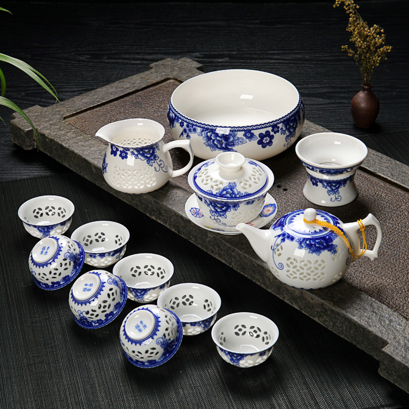 Jingdezhen crystal Hollow Honeycomb Blue and white Exquisite Kung Fu Tea a complete set Ceramic tureen Teapot Cup Special Offerin the Tableware , Tea set , Kung Fu Tea category - from Buy2taobao.com to provide professional Taobao agent buy service