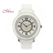 玛丽莎石英机芯指针式白色陶瓷水晶时装女表 大表盘手表