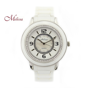 玛丽莎石英机芯，指针式白色陶瓷水晶时装女表大表盘手表