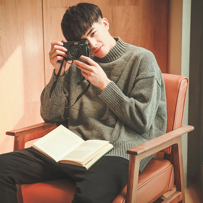 秋冬季男士针织衫圆领套头半高领毛衣男纯色韩