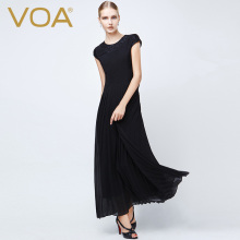 VOA 真丝乔其长裙 圆领蕾丝拼接百褶裙 欧美款黑色连衣裙 A5065图片