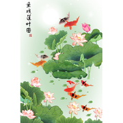 定制九鱼图装饰画鱼戏莲叶图玄关客厅墙画餐厅壁画挂画荷花大海报