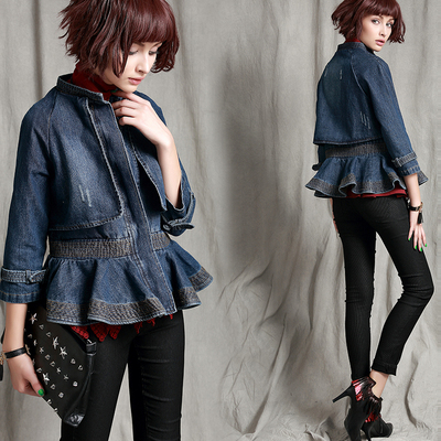 FL美汇舍欧洲站2015秋冬新 设计师款水洗牛仔明线插肩袖收腰外套