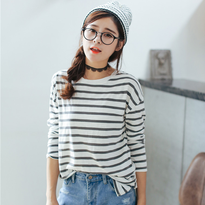 2015秋装新款海军风条纹纯棉弹力百搭圆领简单长袖T恤打底衫女潮