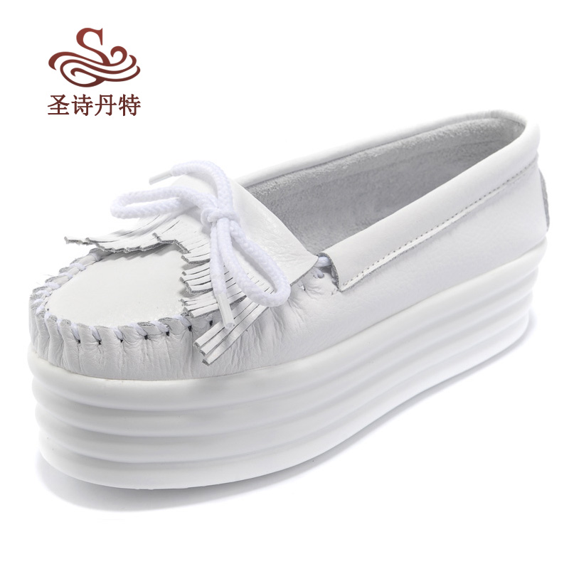 Spring and summer white genuine leather The thickness of the bottom Shoe of sponge cake tassels White shoes Middle heel Women's Shoes Korean Edition Single shoes Flat bottom comfortablein the Women's Shoes, Low shoes category - from Buy2taobao.com to provide professional Taobao agent buy service